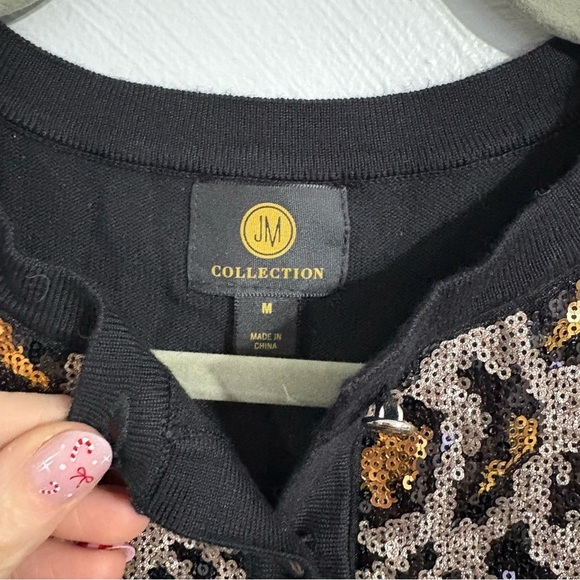 JM Collection Black Sequin Leopard Cardigan Sweater Size Medium Animal Print - Picture 3 of 4
